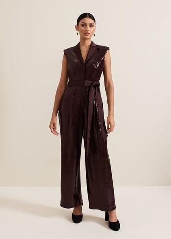 Phase Eight Ivey Burgundy Sequin Jumpsuit Burgundy USA | 3086479-DK